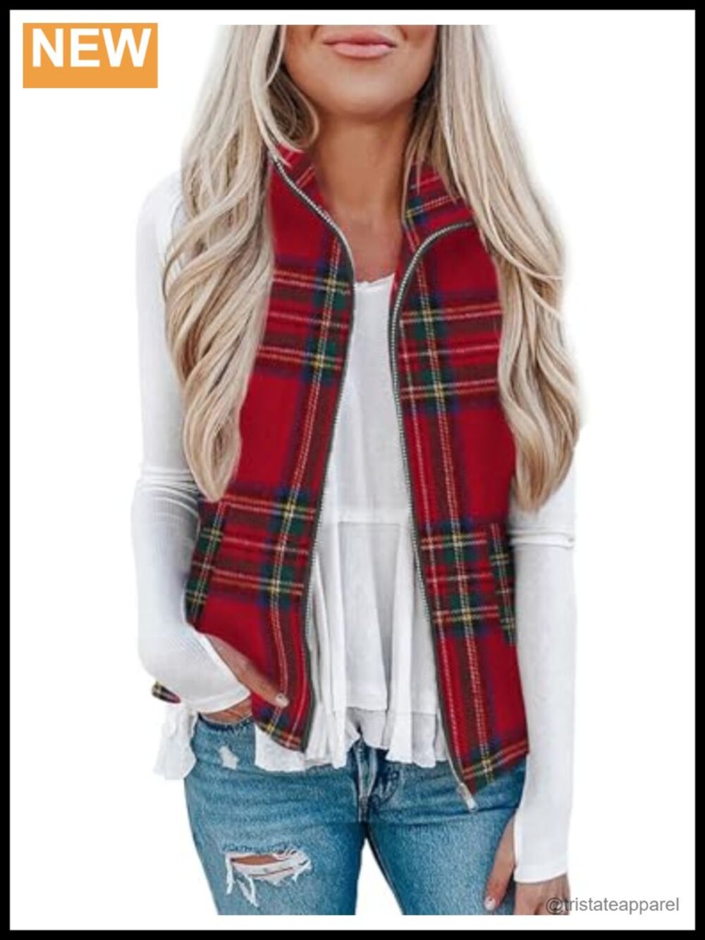 Women's Plaid Zip Up Outerwear Vest Sleeveless Jacket with Pockets